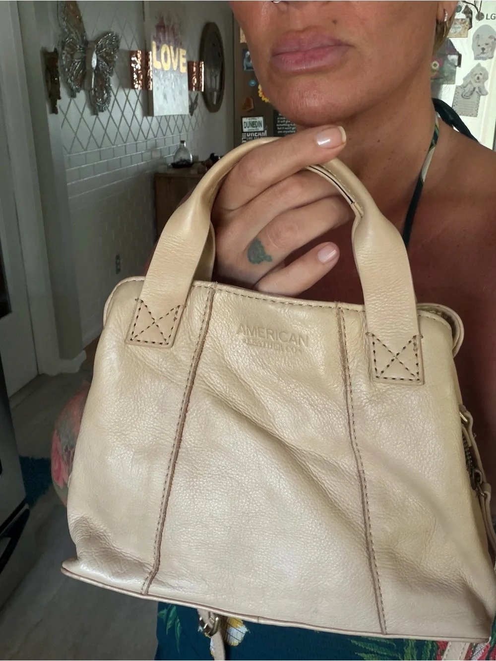 Beige Leather Top-Handle Bag